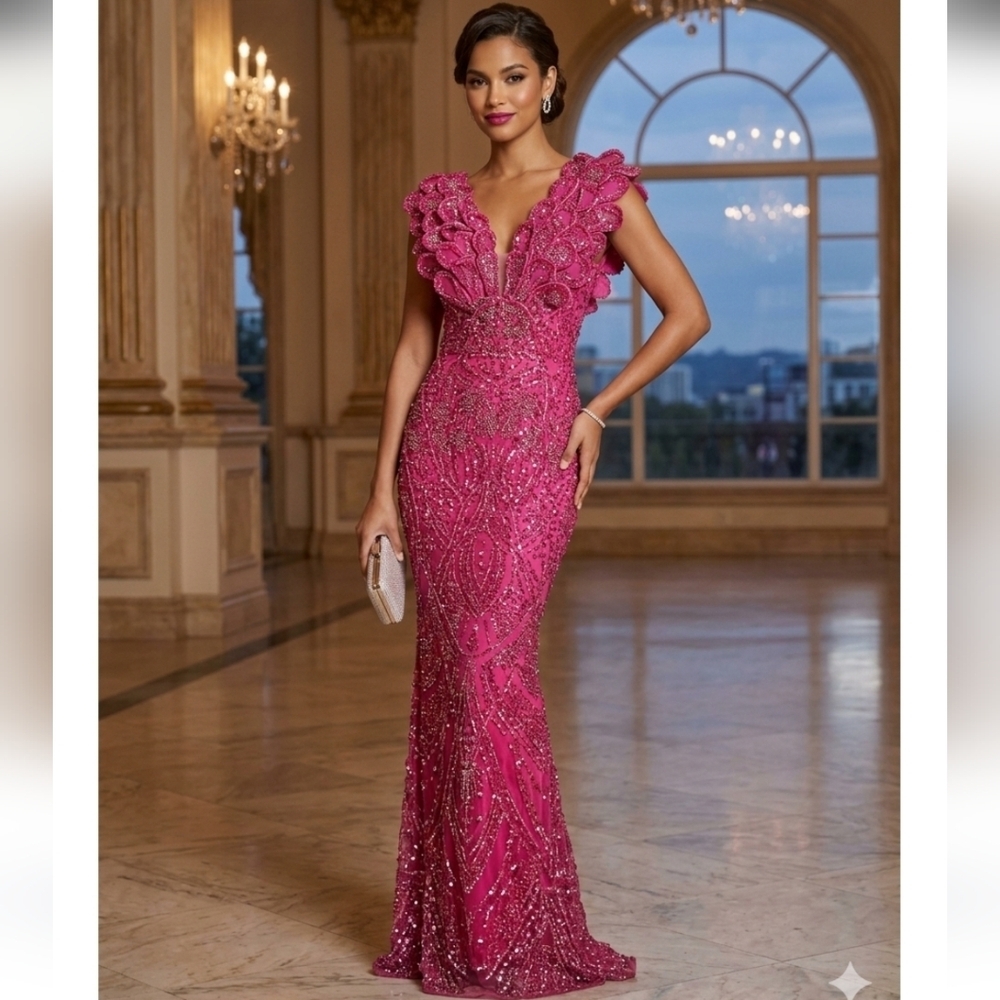 Fucsia Sequins Rhinestones Crisscross tie at the Back Women's Maxi Dress NWOT